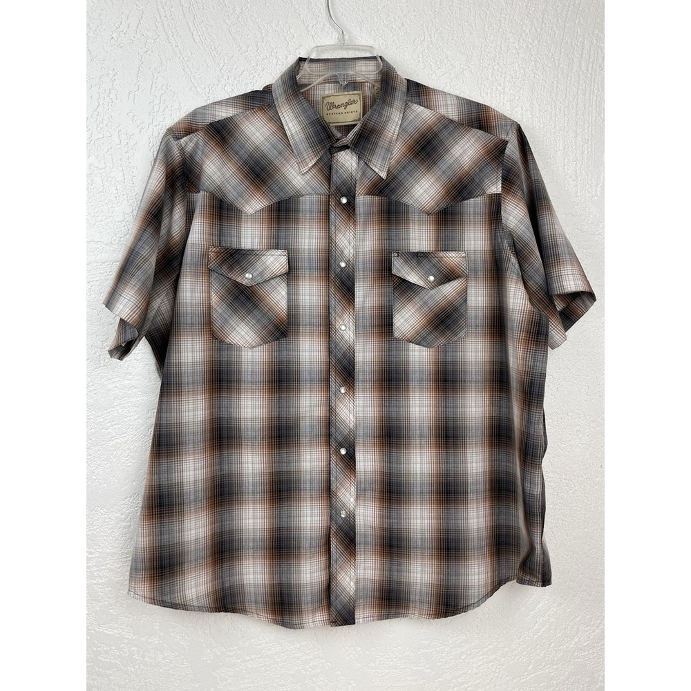 Wrangler Western Shirts 2XL‎ Pearl Snap Short Sleeve Brown Plaid